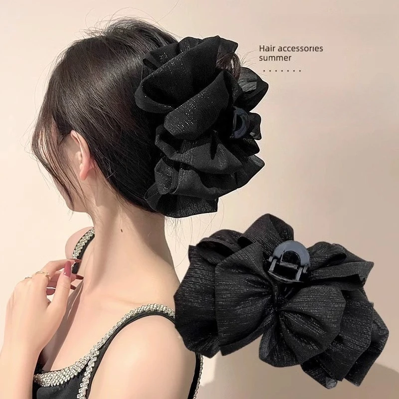 Large Black White Mesh Hair Clip Female Korean Sweet Cloud Pleated Shark Clip Hair Accessories