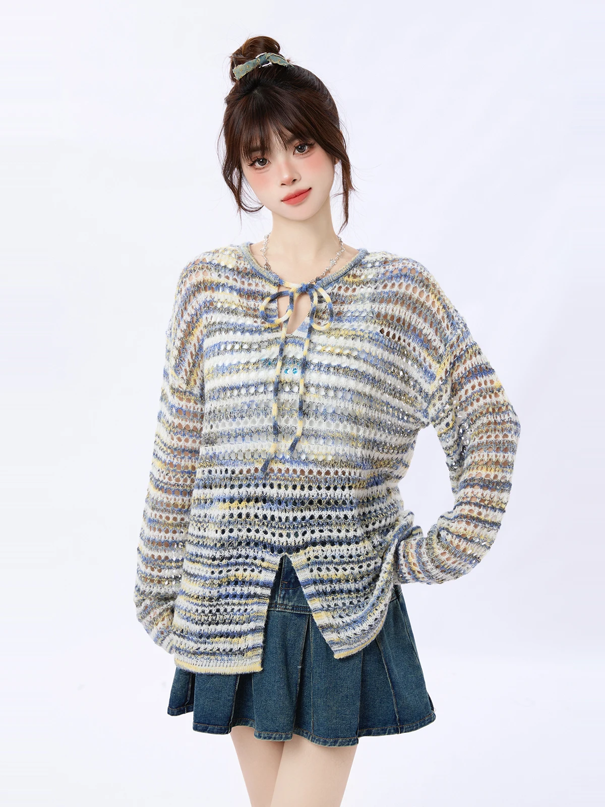 

ENJOG American Sle Spicy Girl Hollow out Knitted Cover up Women's Loose Sun Protection Long Sve Top Spring Summer New Ar...