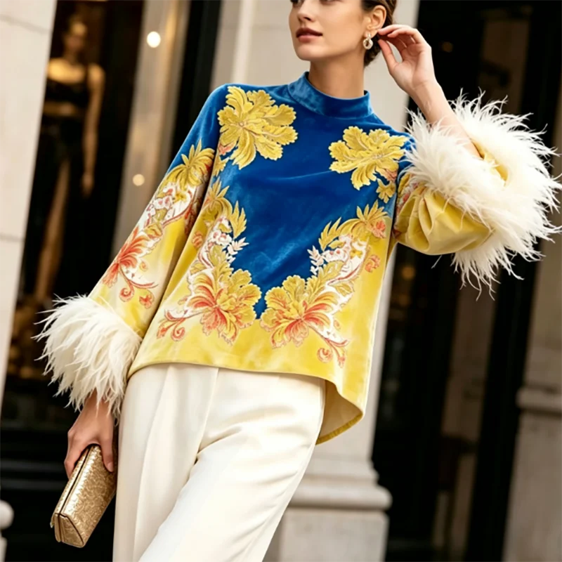 Elegant Floral Print Women's Tops High-end Velvet Long Sleeve Feather Spliced Tops Fashion O-neck Contrast Color Commute T-shirt