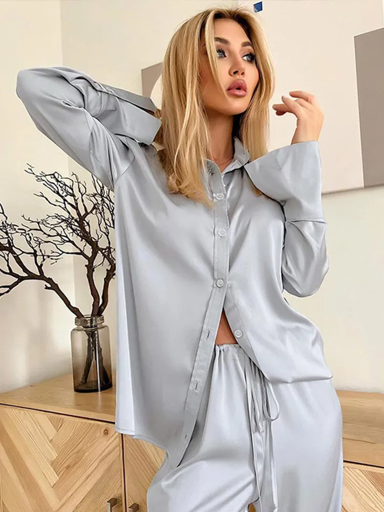 

Spring Casual Long Sleeve Shirt Trousers Two Piece Set Women Loose Lapel Buttons Tops Pants Suit 2023 Female Homewear Outfit