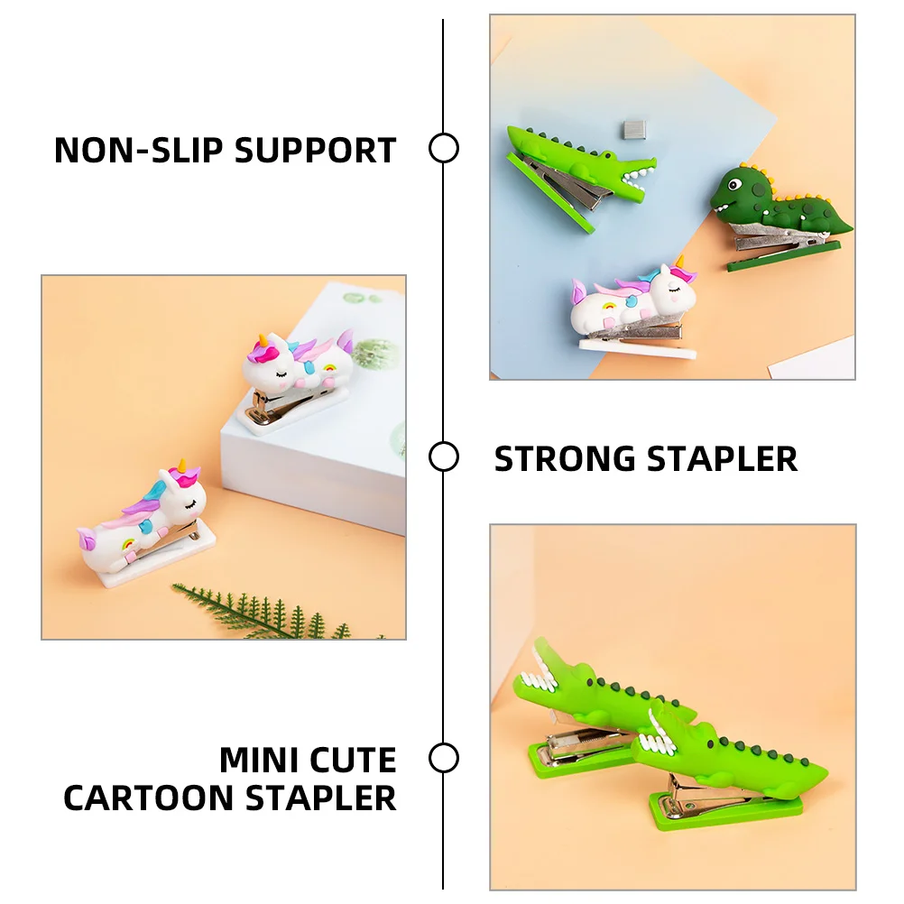 3 Pcs Mini Cartoon Stapler Cute Portable Office Stationery Stainless Steel Reusable Desk Accessory Non Support Feet Large