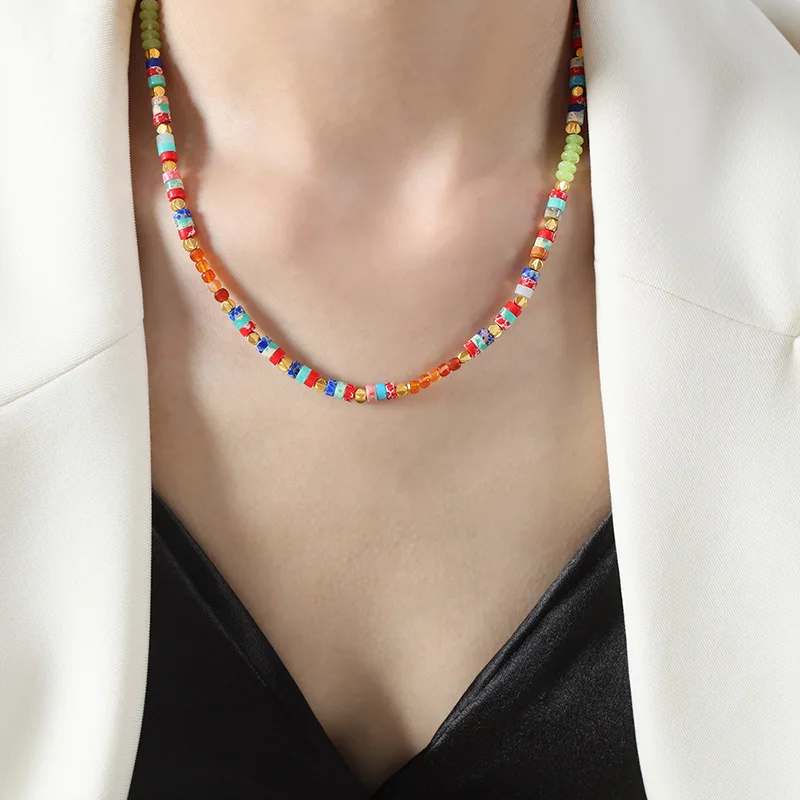 TOFFLO Stainless Steel Jewelry Abacus Beads Colored Natural Stone Handmade Beaded Necklace BSP1748