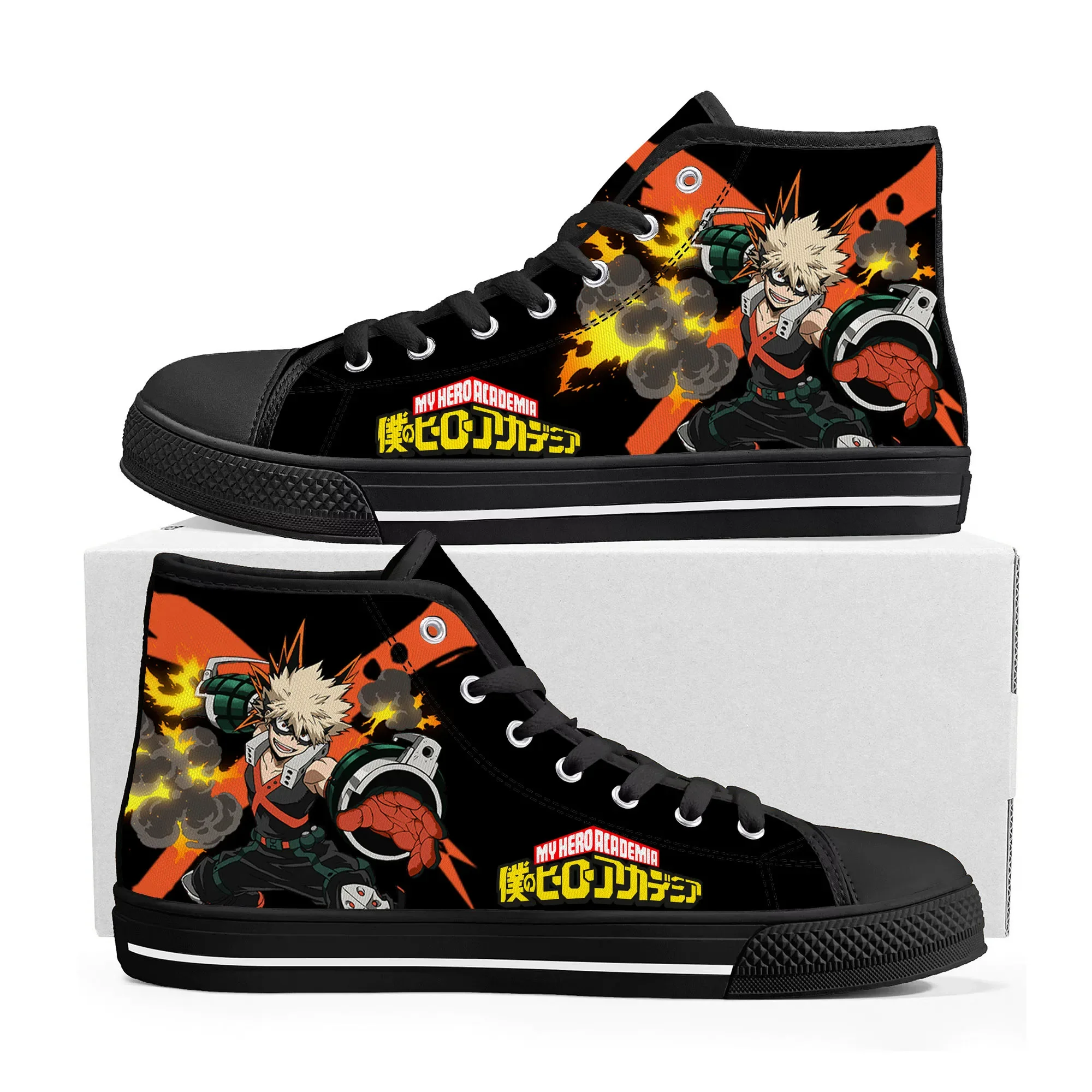 Homens e mulheres Katsuki Bakugo My Hero Academia Tênis de alta, tênis de lona para adolescentes, sapatos personalizados, casual, Anime, quente