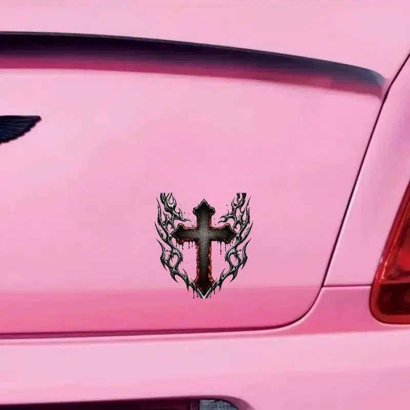 1pc Gothic Burning Cross Vinyl Sticker, Waterproof Self-Adhesive Decal for Motorcycle Helmet, Body, Laptop & Skateboard