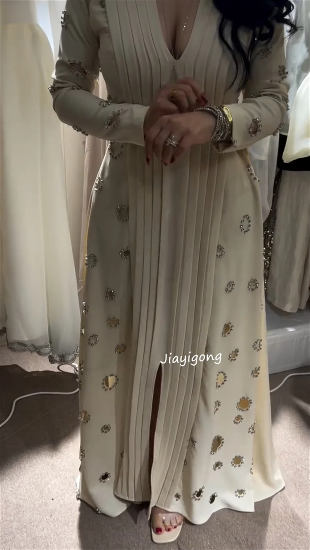 Jersey informal personalizado con lentejuelas y plisado, vestidos largos con cuello en V, ocasión a medida, estilo chino elegante