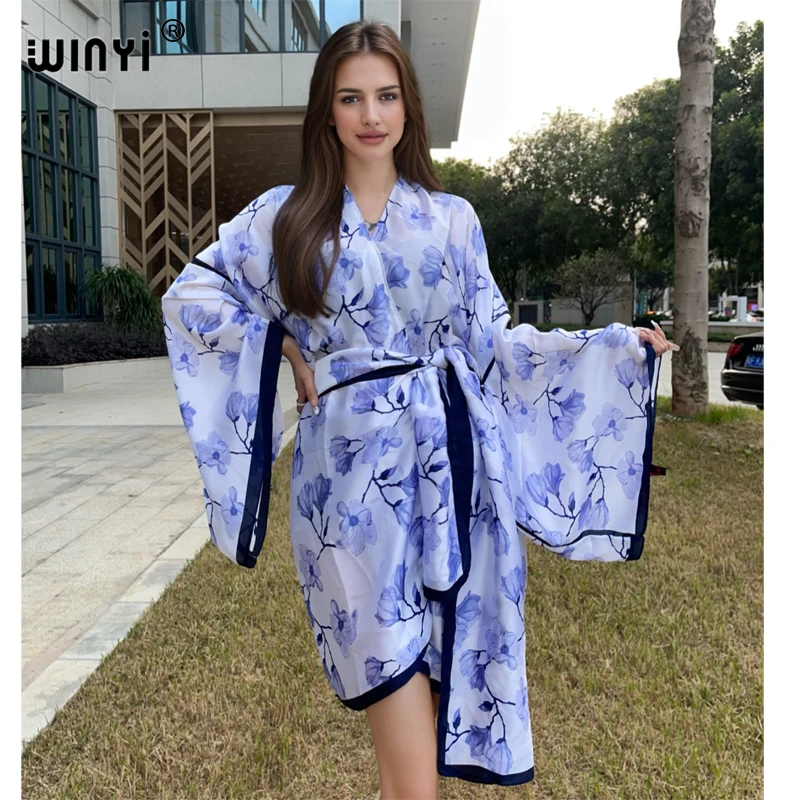 WINYI elegant Kimono Africa print dress Summer beach wear women Cardigan Holiday long Sleeve silk feeling beach outfit for women