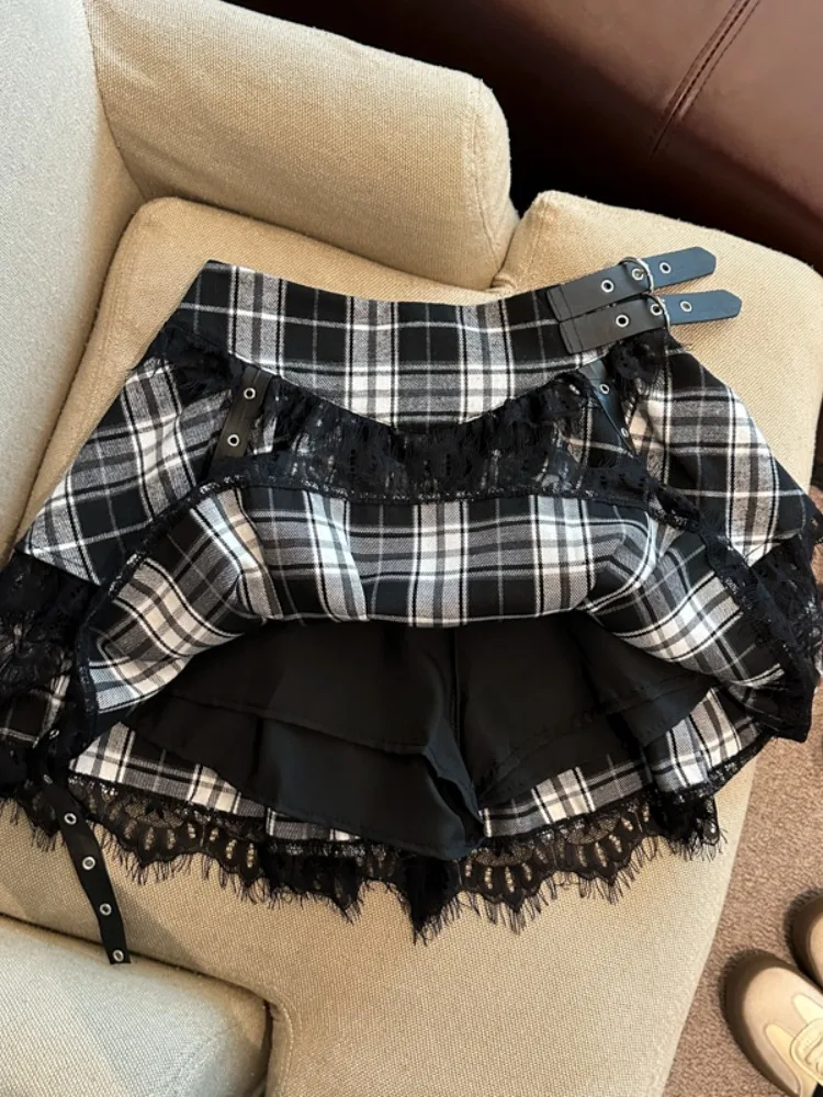 American Hot Girl Plaid  Skirt Women's Autumn Winter Lace Splicing A-Line Fluffy Skirts High Waist Breathable Skin-Friendly