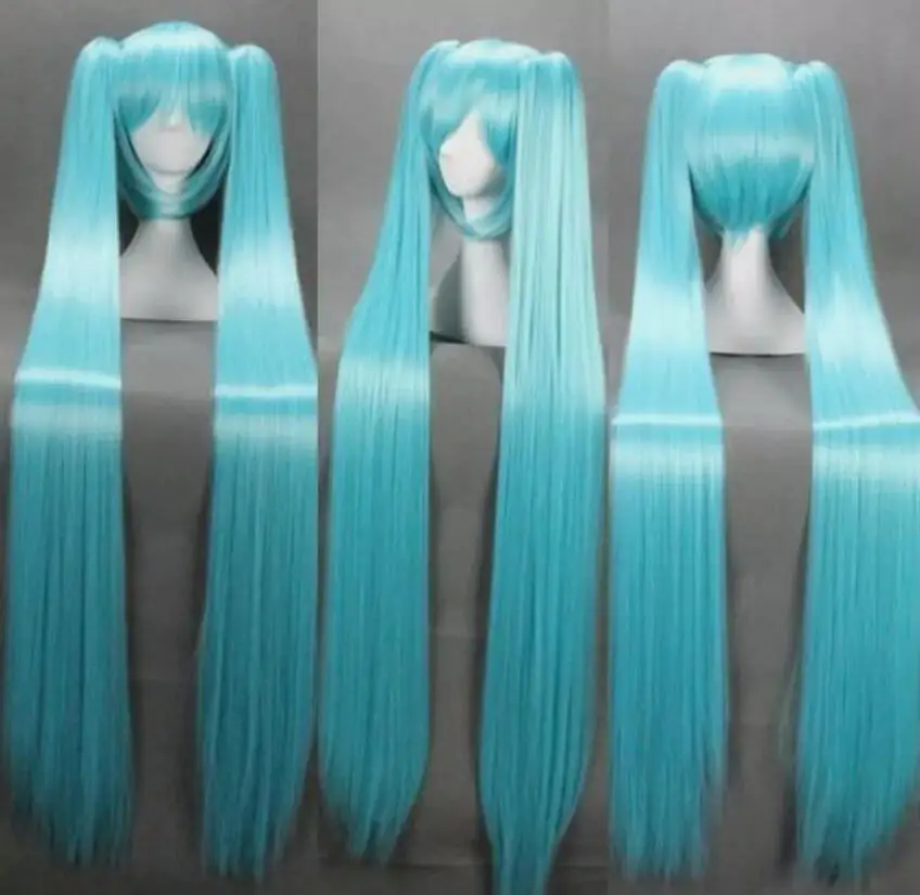 Wig Cosplay Anime ekor kuda ganda biru klip panjang Wig lurus 120cm rambut sintetis