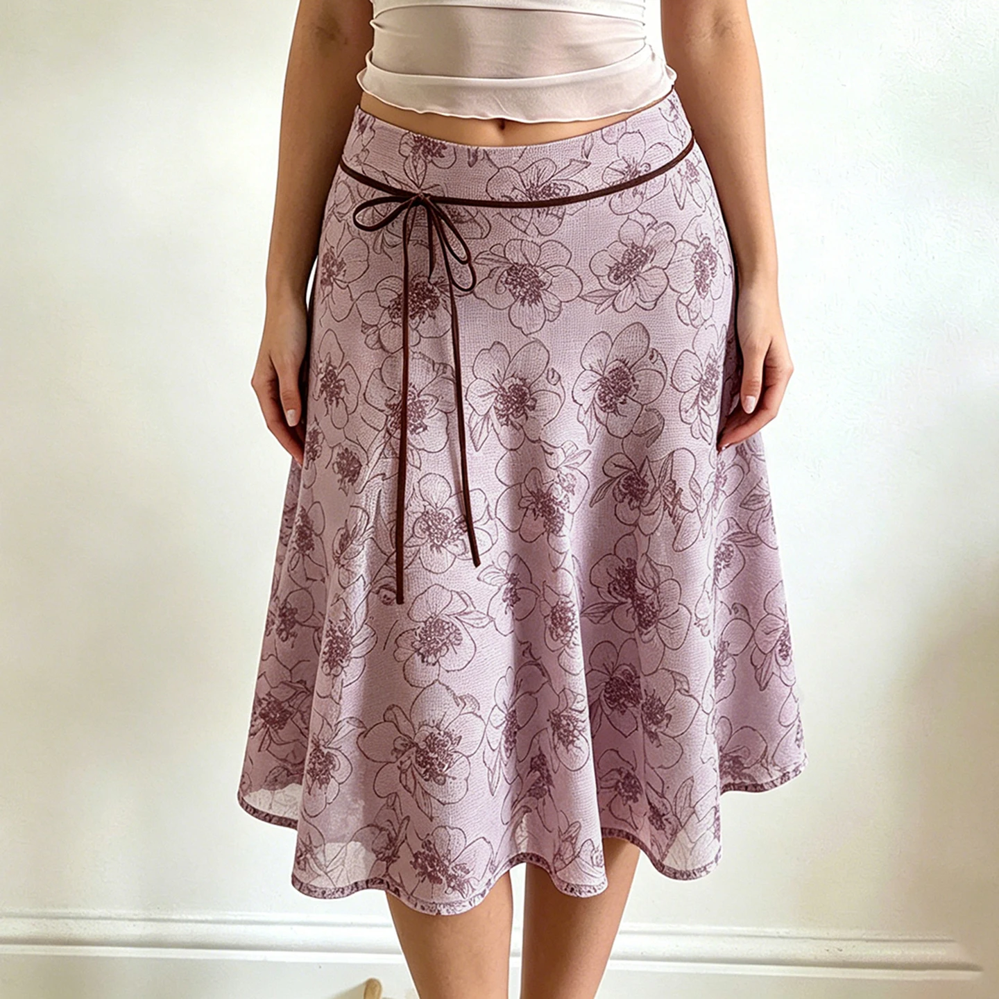 SUCHCUTE Vintage Doodle Floral Midi Skirt Contrast Ribbon Tie Waist Flowy A-line Swing Mid Length Skirt Women Holiday Bottoms