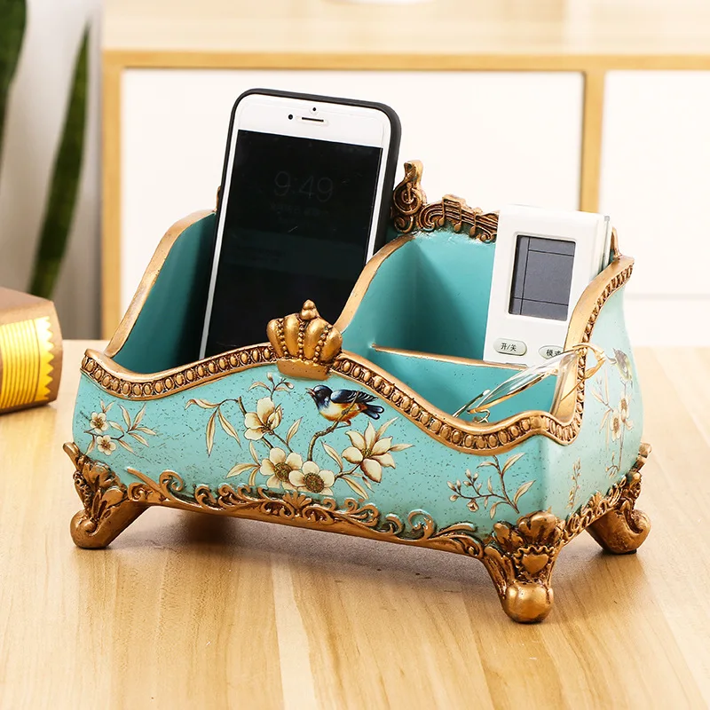 Creative American Style Craft Color Painting Resin Remote Control Storage Box, Crown Music Carving Desktop Household Furnishings