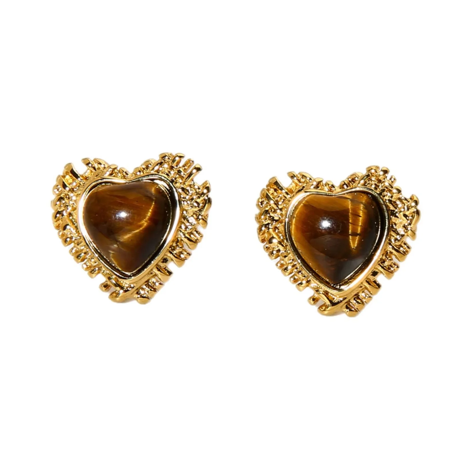 New Creative Design Fashion Geometric Hollow Out Heart Tiger Eye Stone Stud Earrings Gold Plated Stainless Steel Pearl Earrings