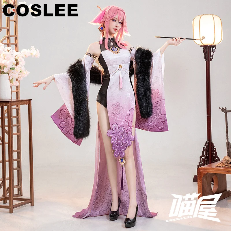 

COSLEE Game Genshin Impact Yae Miko Gorgeous Cheongsam Party Dress Shawl Cosplay Costume Halloween Women Outfit Set New 2023