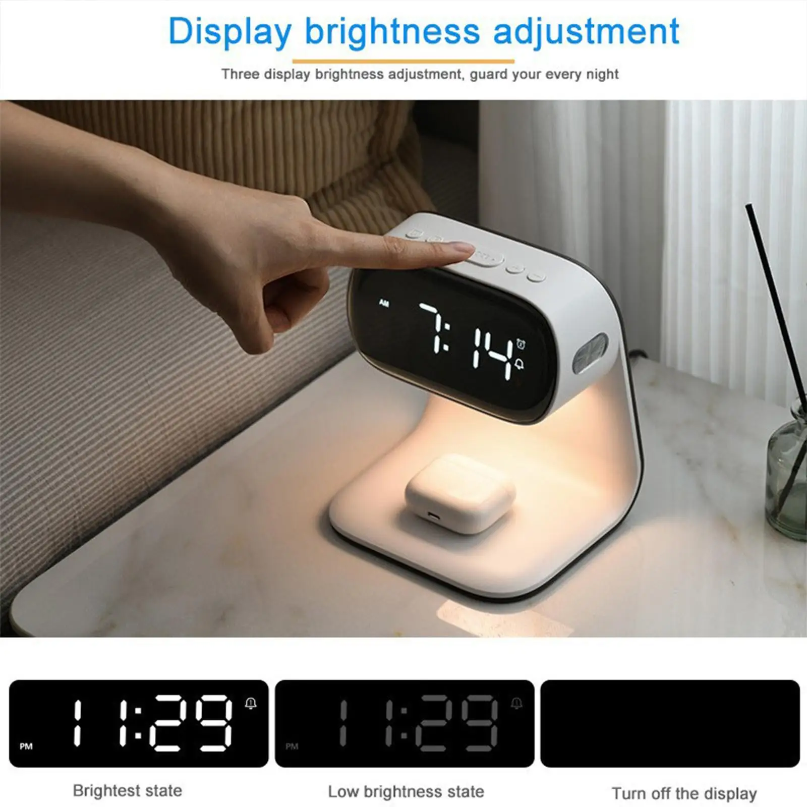 Cordless Charger Clock with Atmosphere Lamp Wireless Charging Pad for Smartphones Watch Headphones Dimmable Bedside Table Light