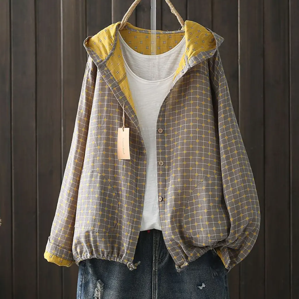

Women's Hooded Printed Shirt Casual Elegant Cotton Yarn Thin Coat Literary Style Loose Top Drawback Design
