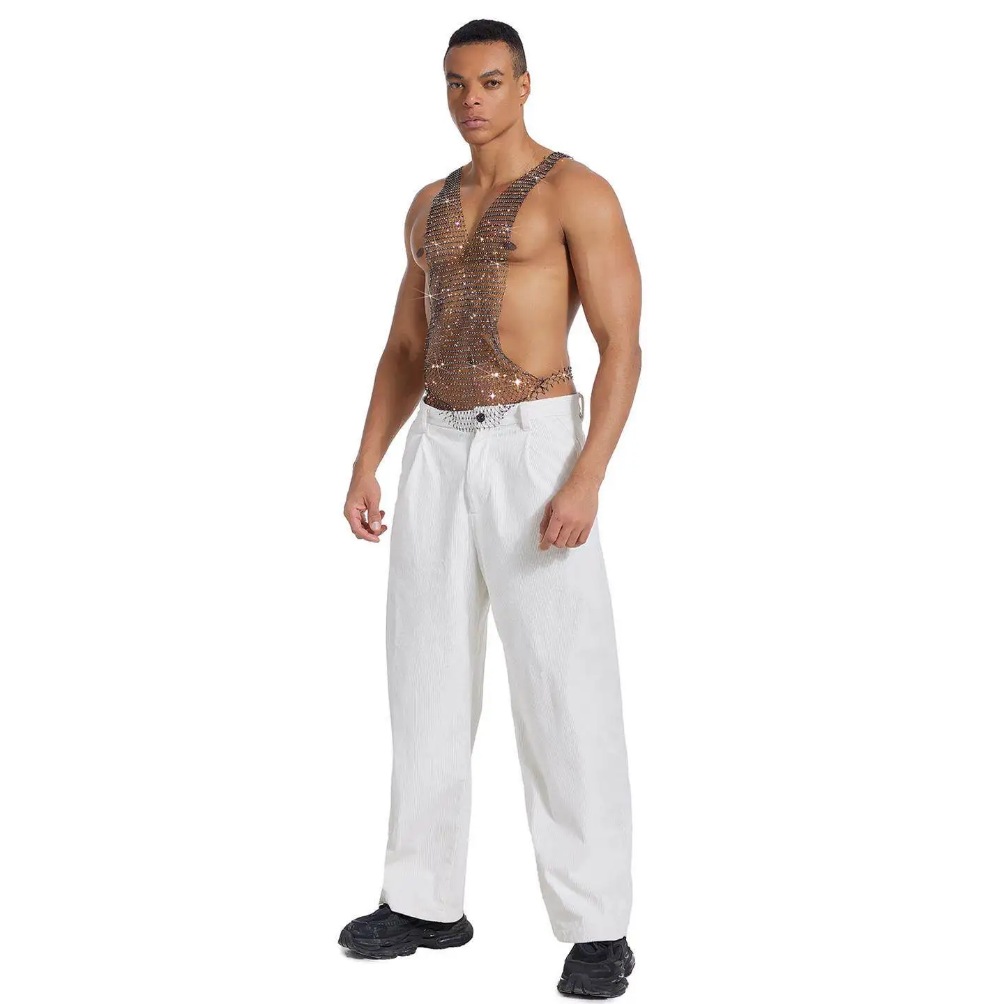 

Мужской сетчатый жилет для выступлений и вечеринок, с вырезами, стразами и U-образным вырезом, теплый, со встроенным утеплителем