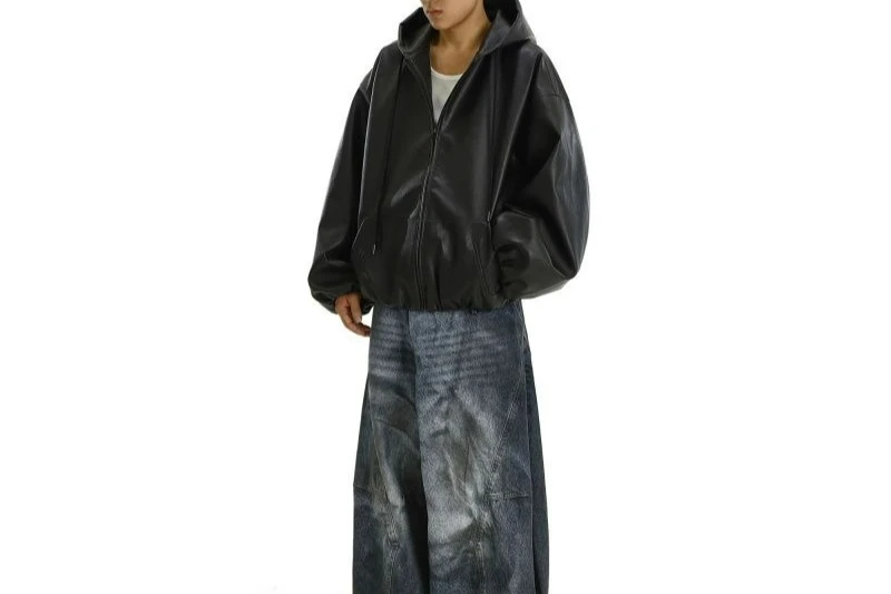 

2025 Spring and Autumn Windproof Leather Jacket Loose Fit Hooded Coat