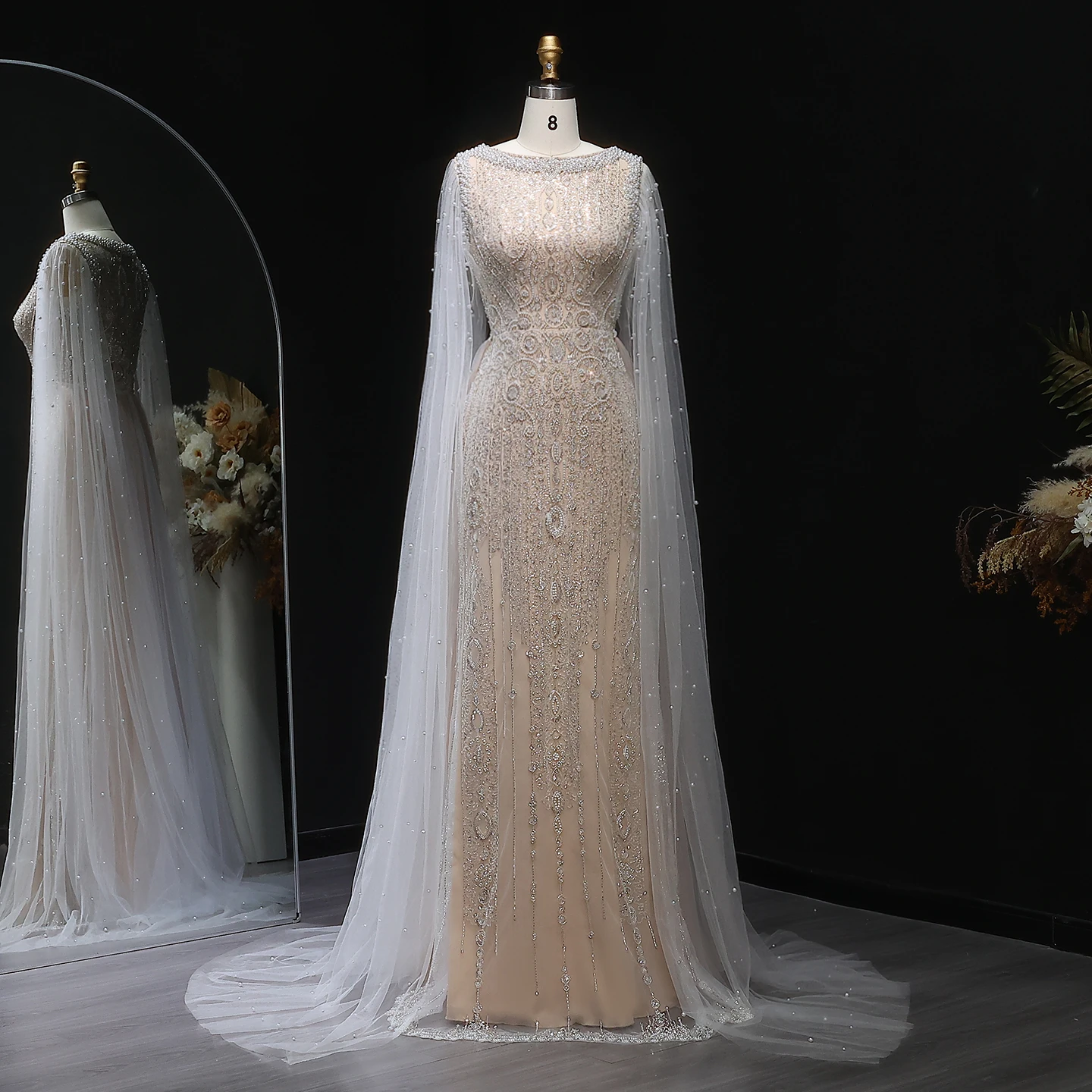 Sharon Said Luxuriöses Champagner-Abendkleid mit Cape-Ärmeln, Pailletten und Perlen, für formelle Anlässe und Partys, SS668, maßgeschneidert – Detail 4