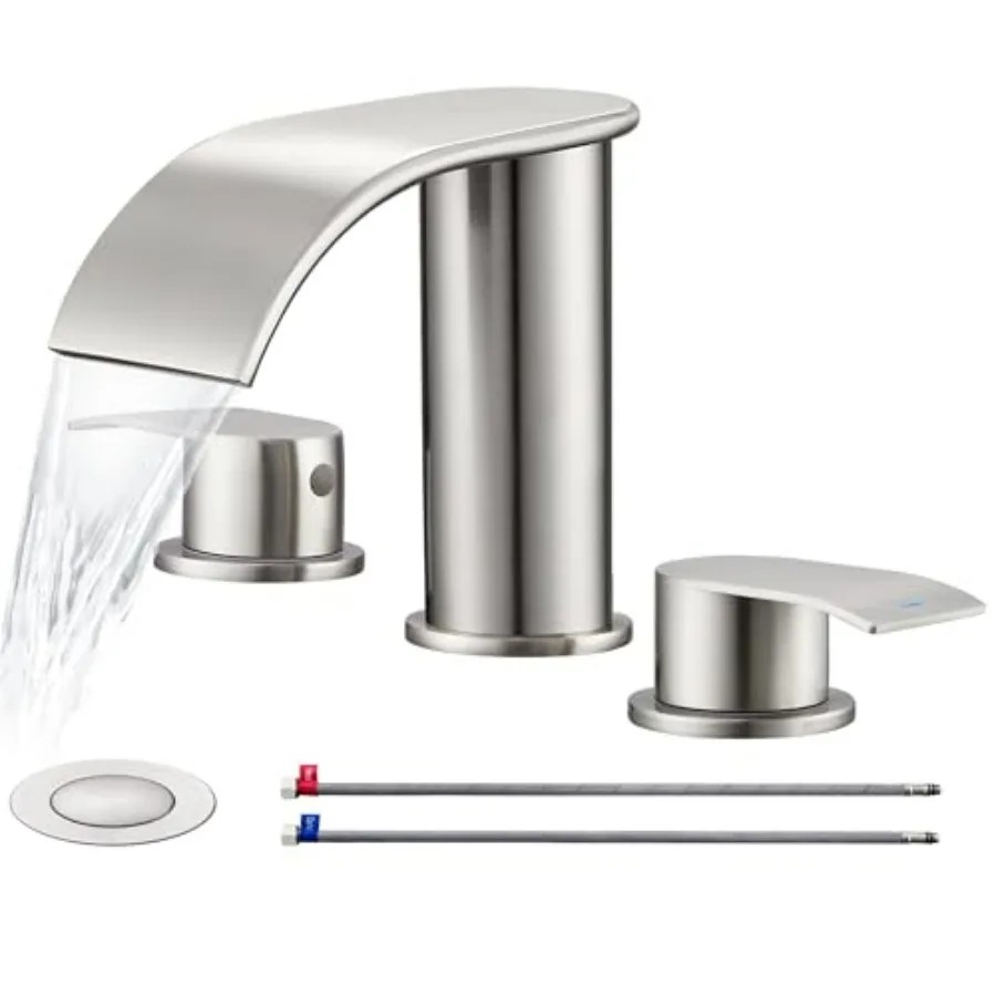 

Bathroom vanity sink faucet brushed nickel metal 8 inch widespread 2-handle waterfall design with pop-up drain stopper and 2 su