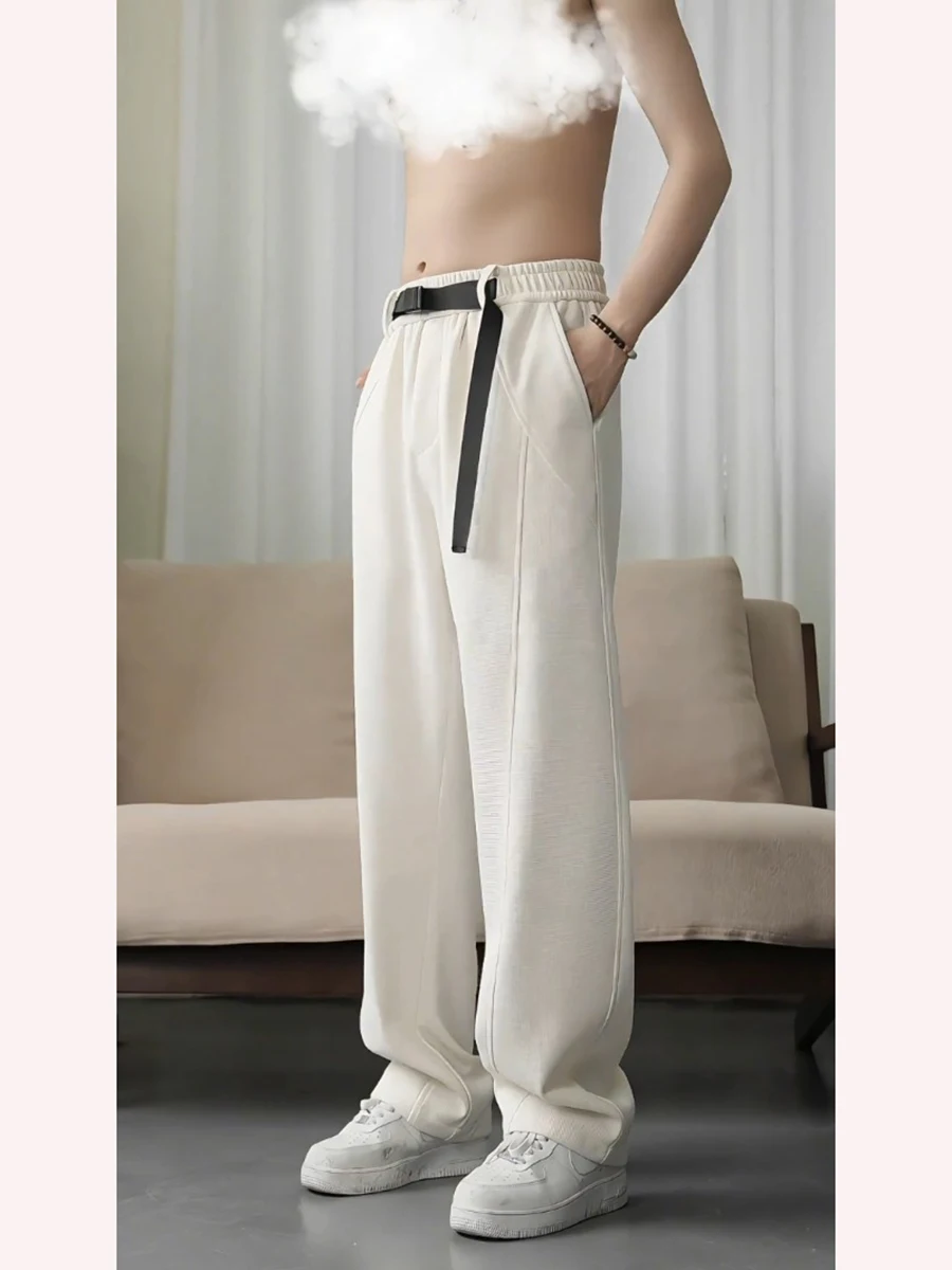 

Cool Sensation Ice Silk Men's Straight Leg Pants Bow Knife Design Casual Trousers Spring Autumn High Waist Loose Fit Faionable