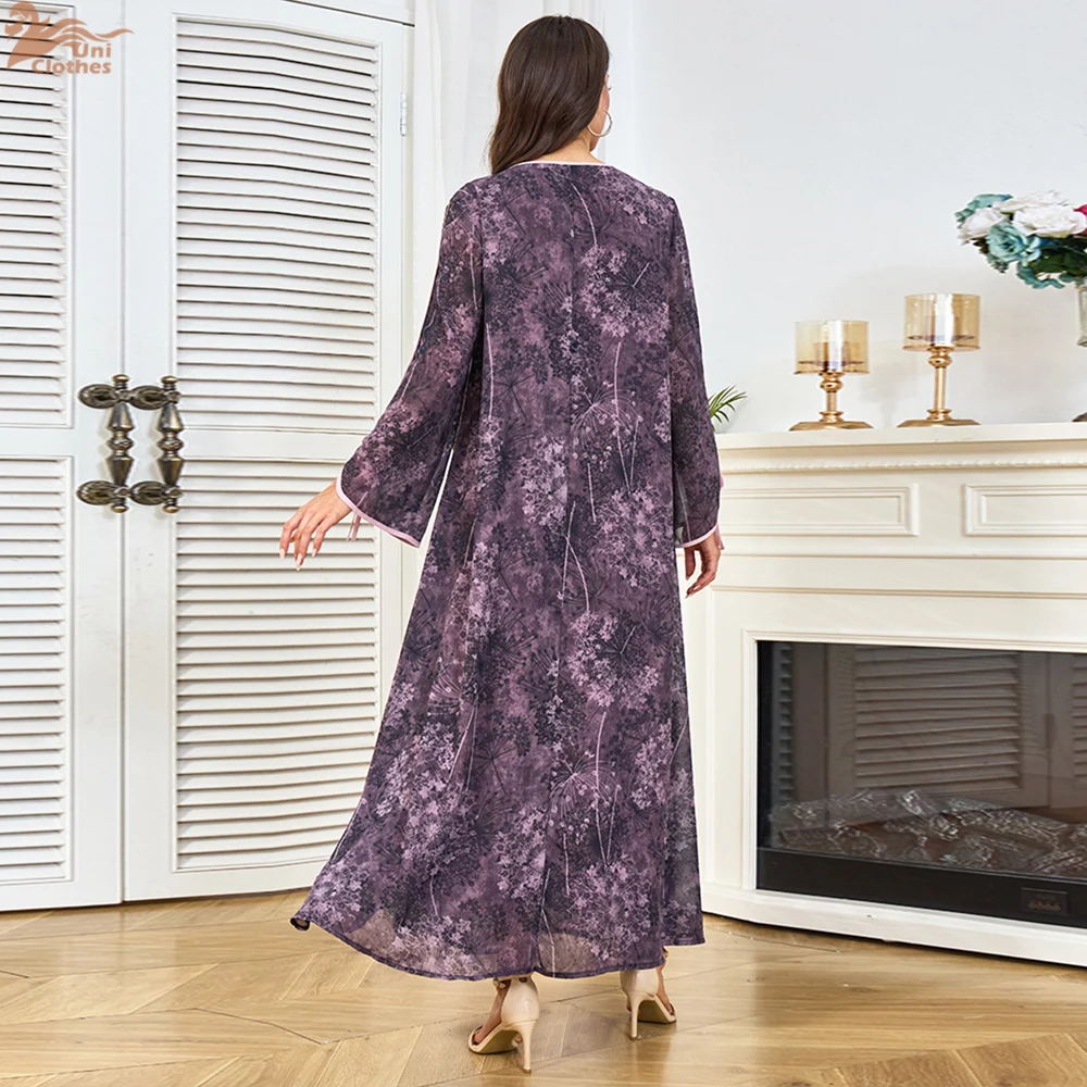 

Uni Muslim Casual Loose Floral Print Abaya Dubai Woman Bow Long Sleeve Dress Fashion Round Neck Kaftan