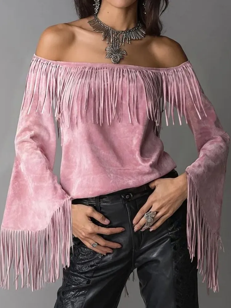Women Off Shoulder Fringe Top Long Flare Sleeve Solid Color Western Style Tassel Blouse Casual Party Tops T Shirt Tshirts New