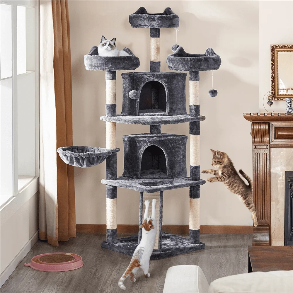 Large Cat Tree Plush Tower with Caves Condos Platforms Scratching Board, Dark Gray