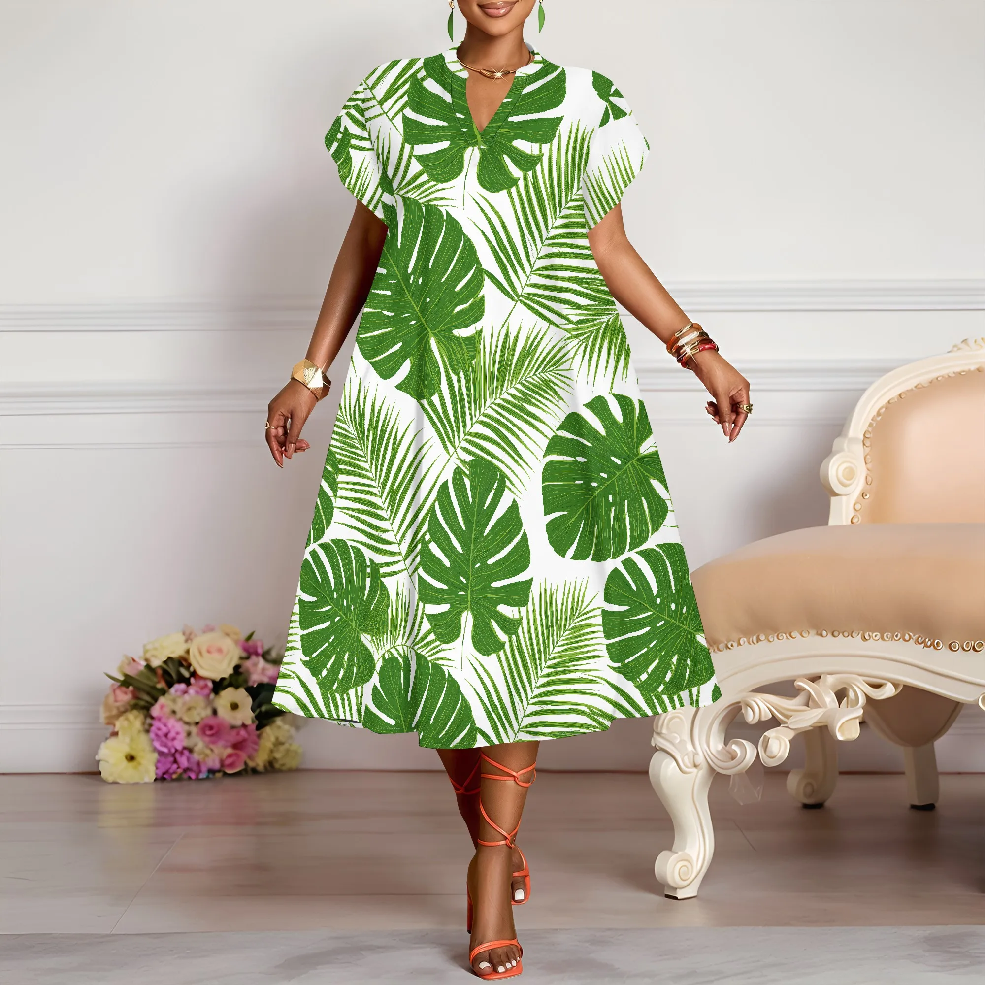 Tropical Leaf Print V-Neck Dress, Short Sleeve Midi Dress, Green Palm Pattern Summer Dress for Women Casual Beach Wear XS-3XL