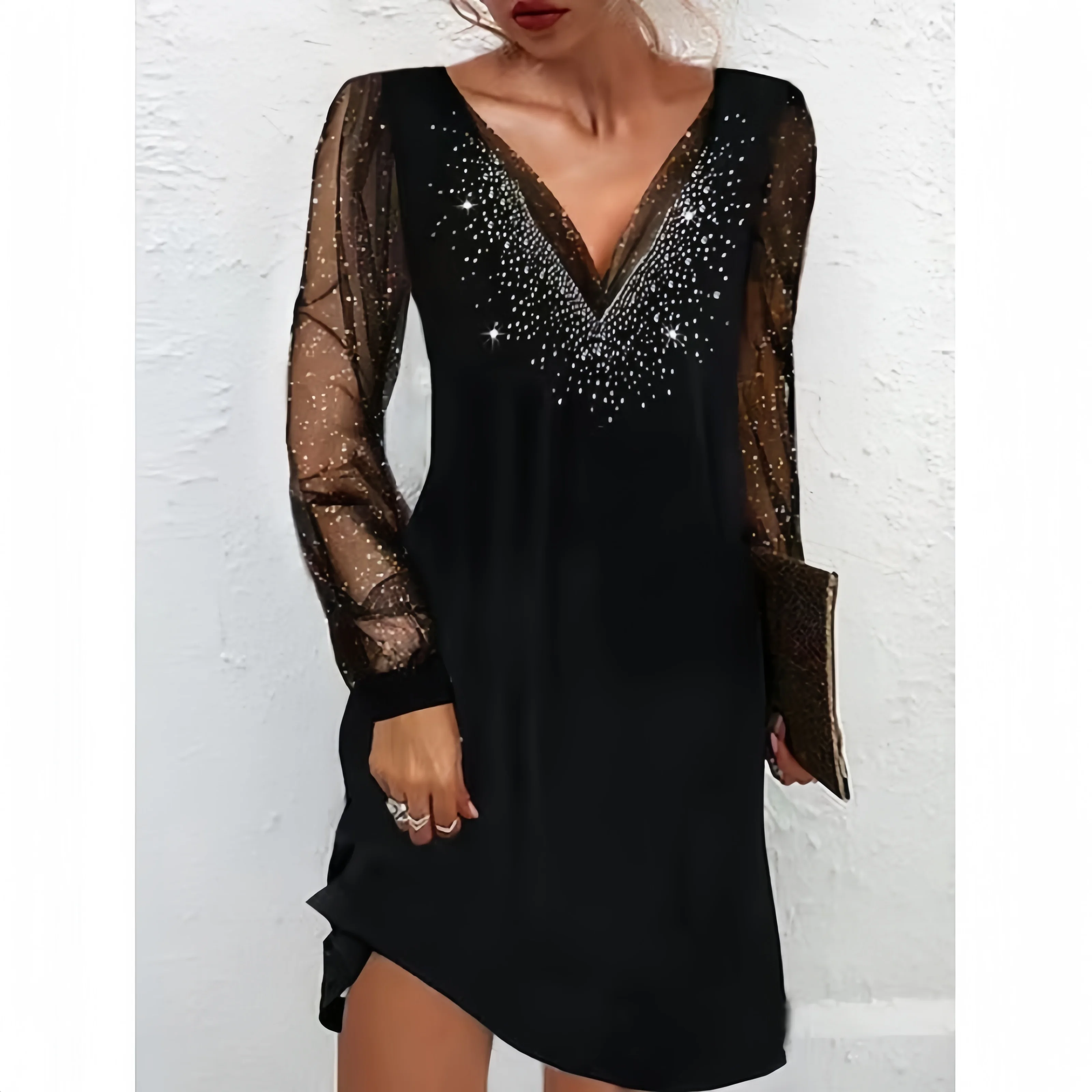 Nuovo arrivo stile elegante scollo a v strass manica lunga in pizzo abiti da donna abiti da sera abiti Sexy abito da ballo di moda