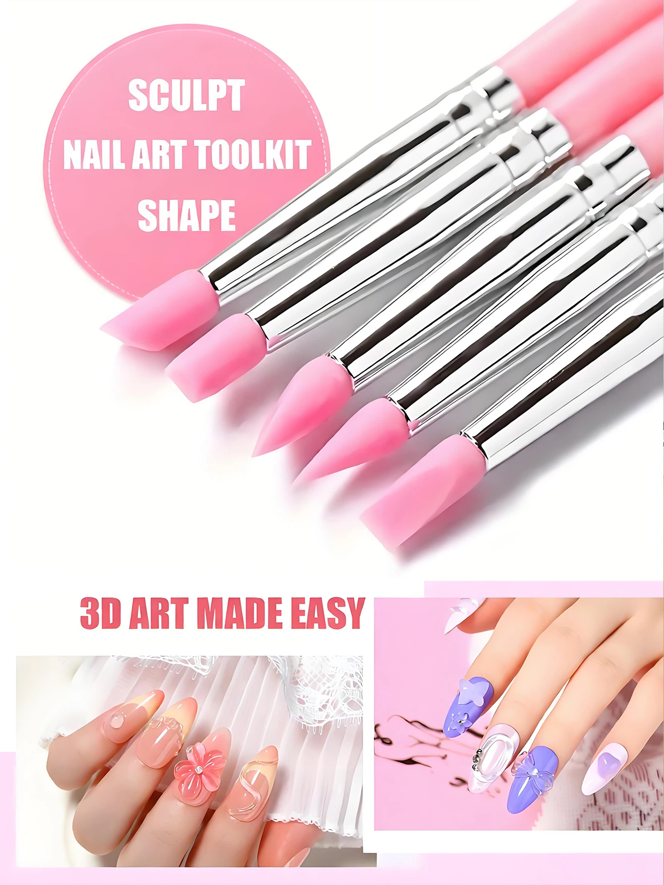 5 Pcs Nail Art Silicone Brush Set Professional Dotting Carving Embossing Tools 3D Design Nail Painting Kit for Beginners