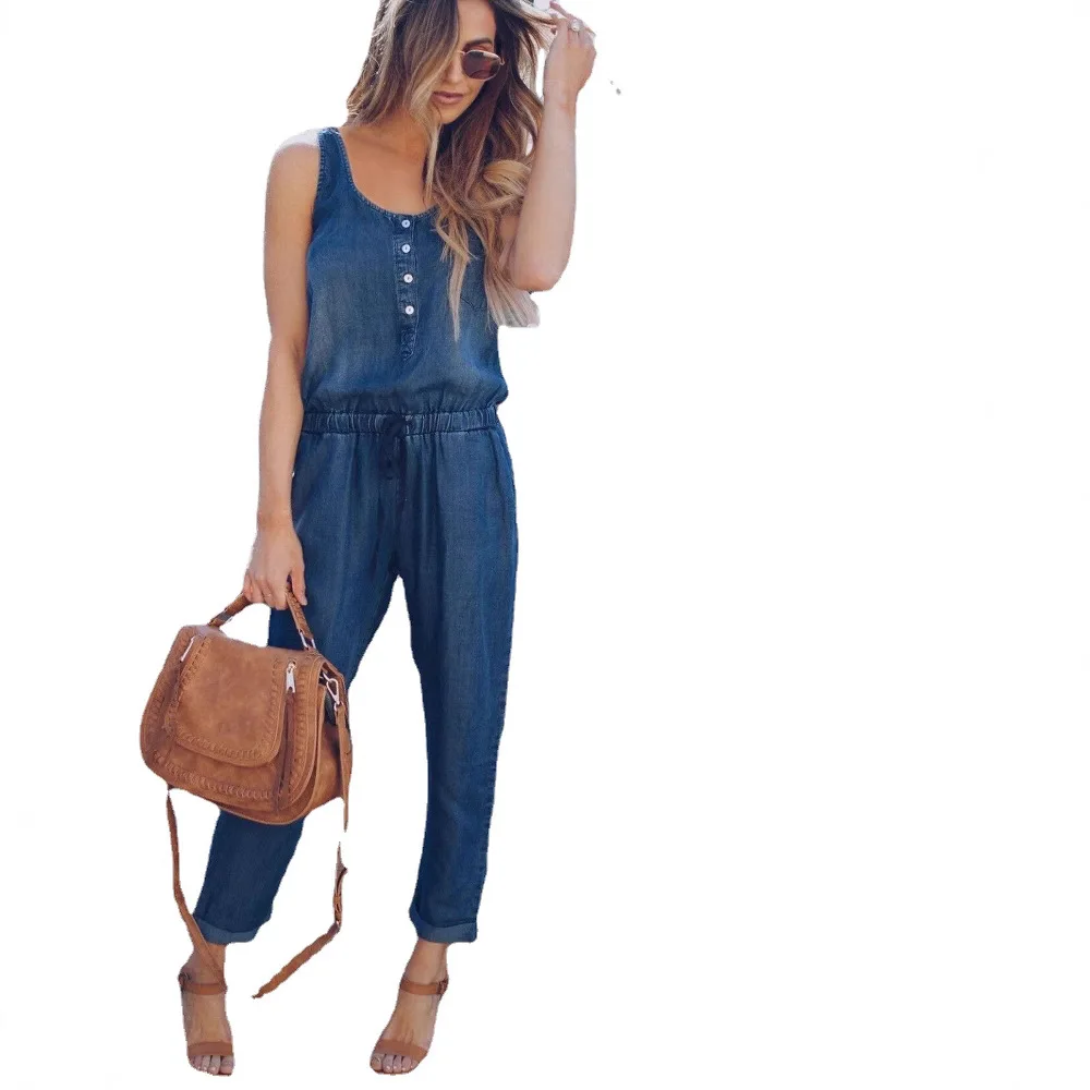 Women's Summer Denim Jumpsuit New Fashionable U-neck Sleeveless Vest Slim Fit Fashionable Drawstring Denim Jumpsuit 2025