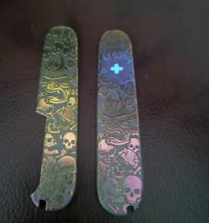 1 Pair Custom Made Replacement Titanium Alloy Scales Skull Pattern for 91mm Victorinox Swiss Army Modify 91 SAK Handle Scale