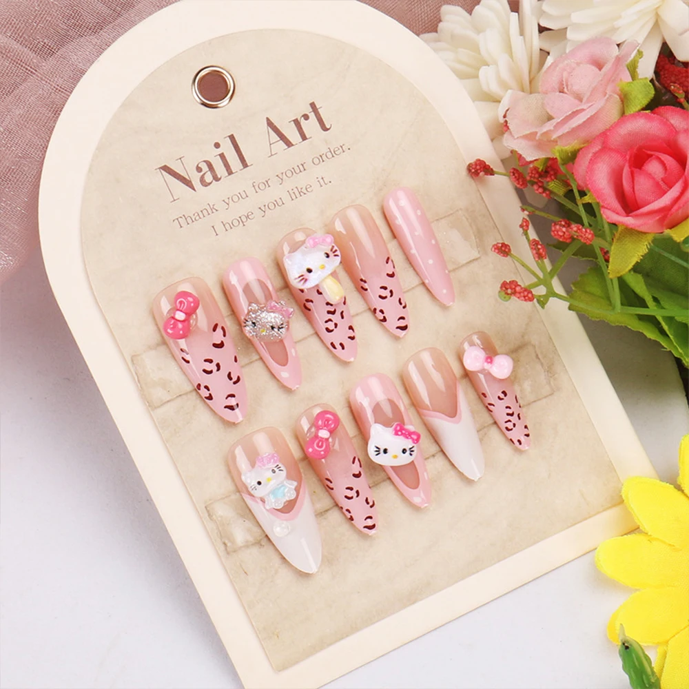 24 pièces 3D Kawaii Hello Kitty rose faux ongles mi-long français Aurora arc Kitty Ballet ongles conseils dessin animé Kitty acrylique faux ongles
