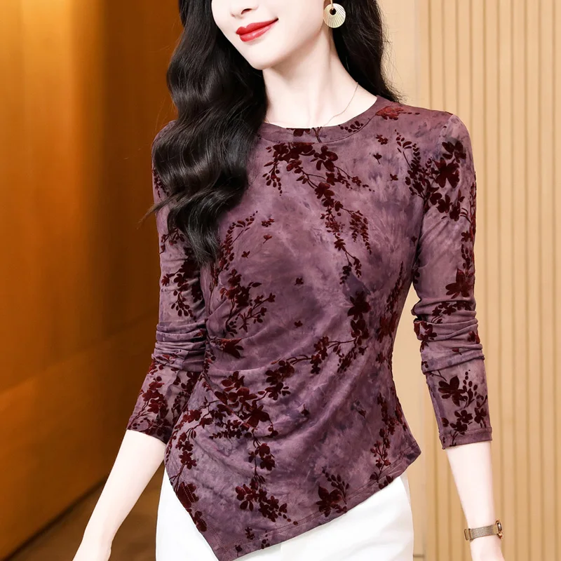 New 2025 Spring Long Sleeved O-Neck Flocking Women's T-Shirt Elegant Slim Irregular Printed Base shirt M-3XL Mesh Tees Tops