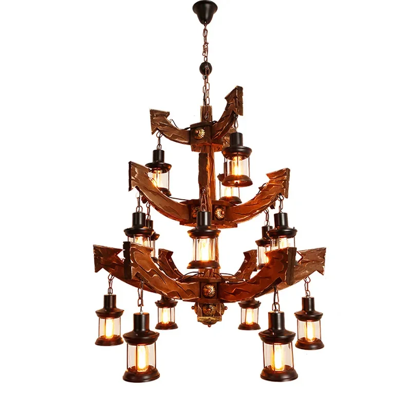

American rural retro restaurant boat wood chandelier, industrial style antique loft cafe wood art lamps
