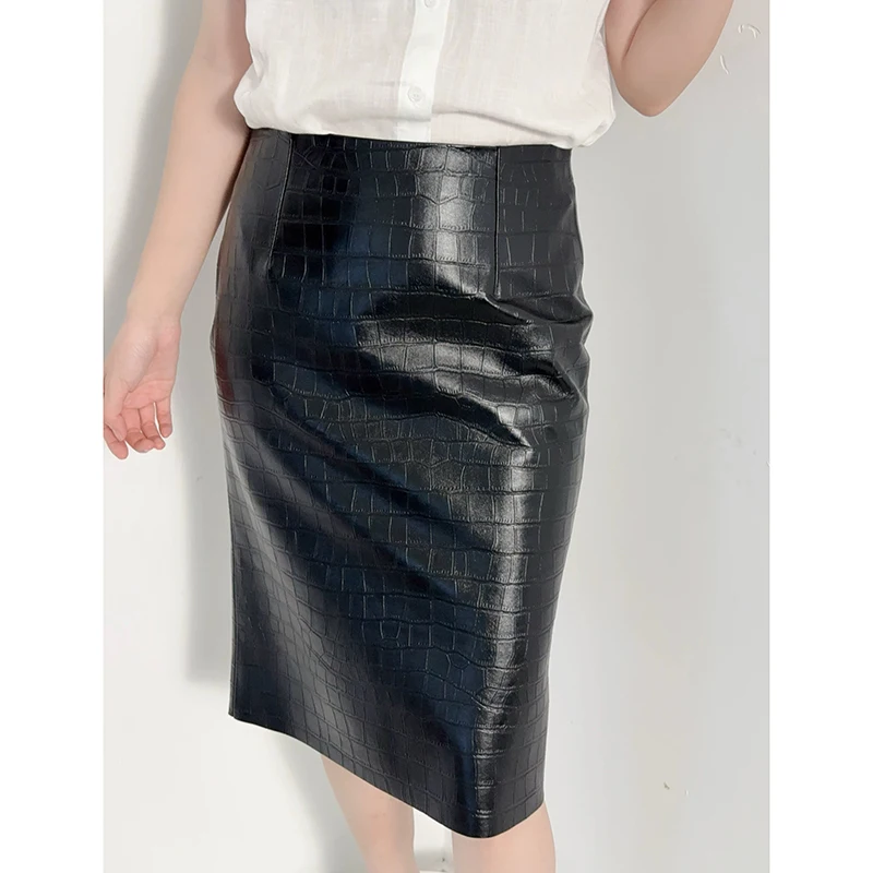 High Quality Leather Skirts for Women Crocodile Pattern Sheepskin Skirt Back Split Wrap Hip Retro Sexy Simple Midi Flada Mujer