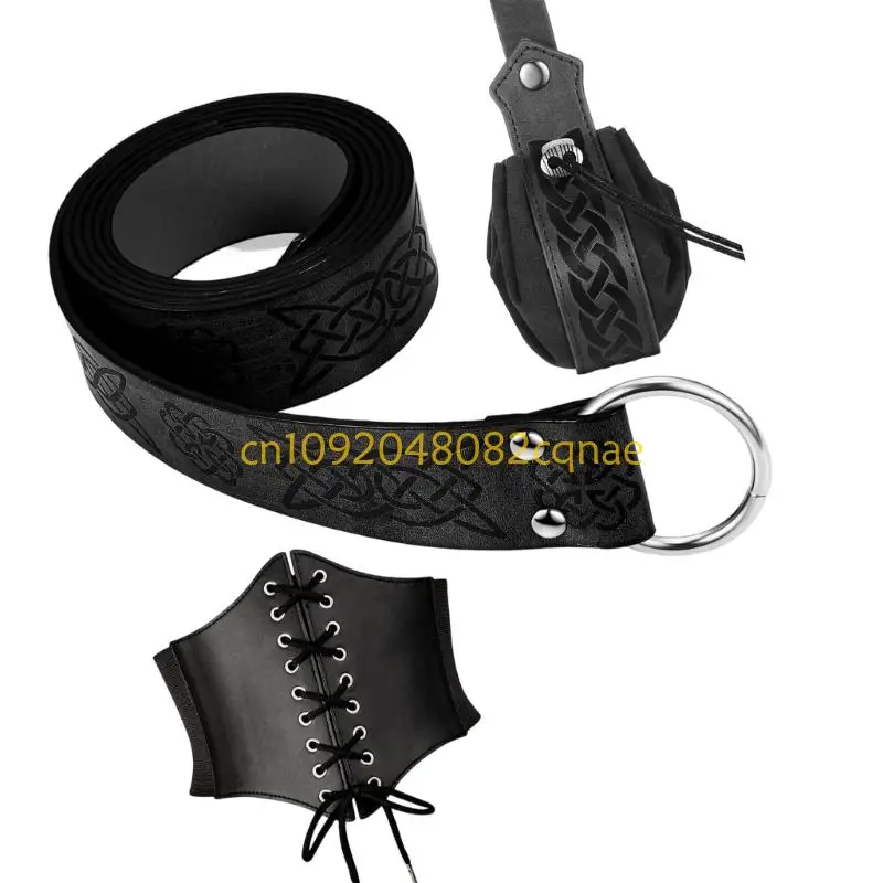 Themed Photography Belt Set with Medieval Waist Cincher, Embossed Belt and Bag for Historical Costume Looks Wear