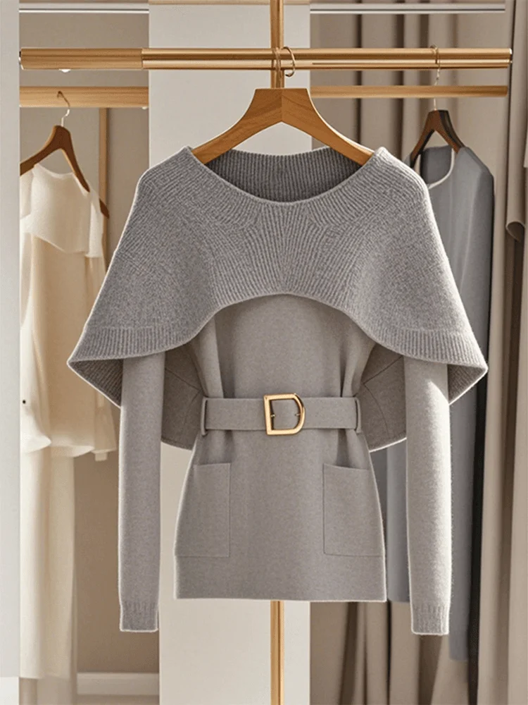 

New High Quality Fashoin Cape Sweater Women French Retro Soft Knitted Slim Waist Long Sleeve Tops Elegant Knitwear with Belt