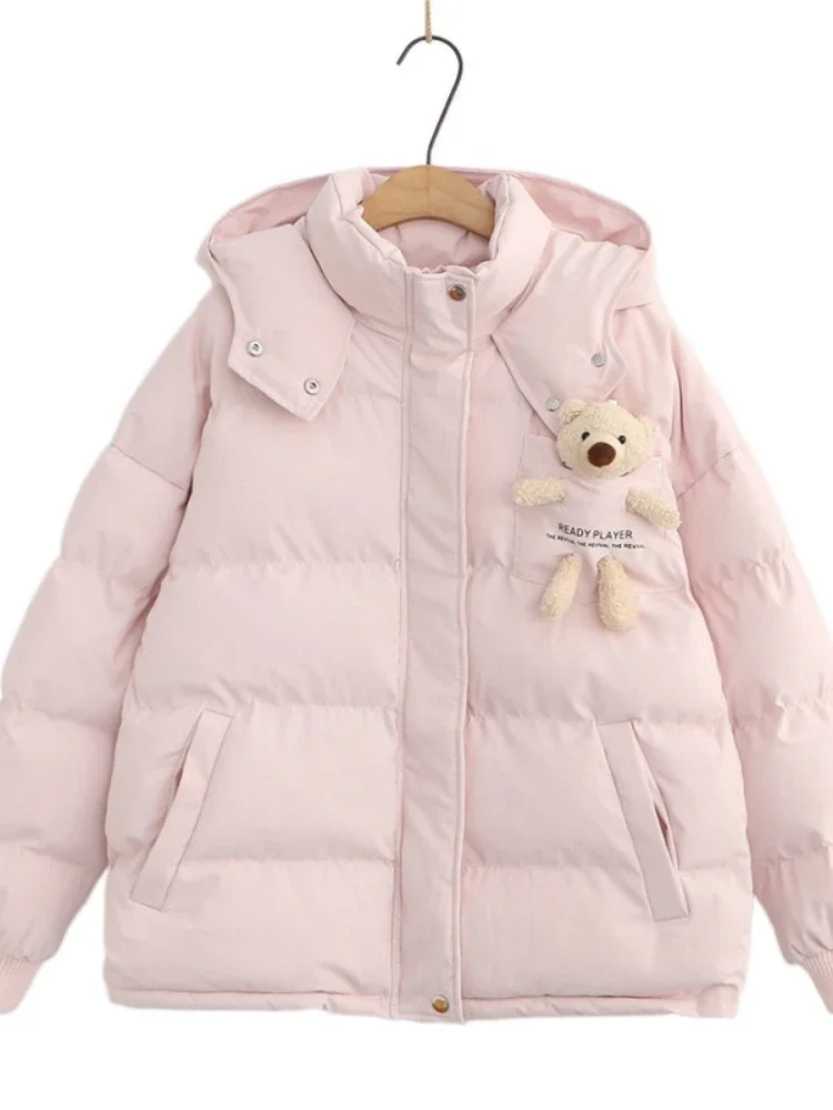 Roze Cartoon Beer Applicaties Jas Parka 2024 Vrouwen Winter Kapmantel Warme Casual Parka Lange Mouw Katoenen Voering Dikke Uitloper
