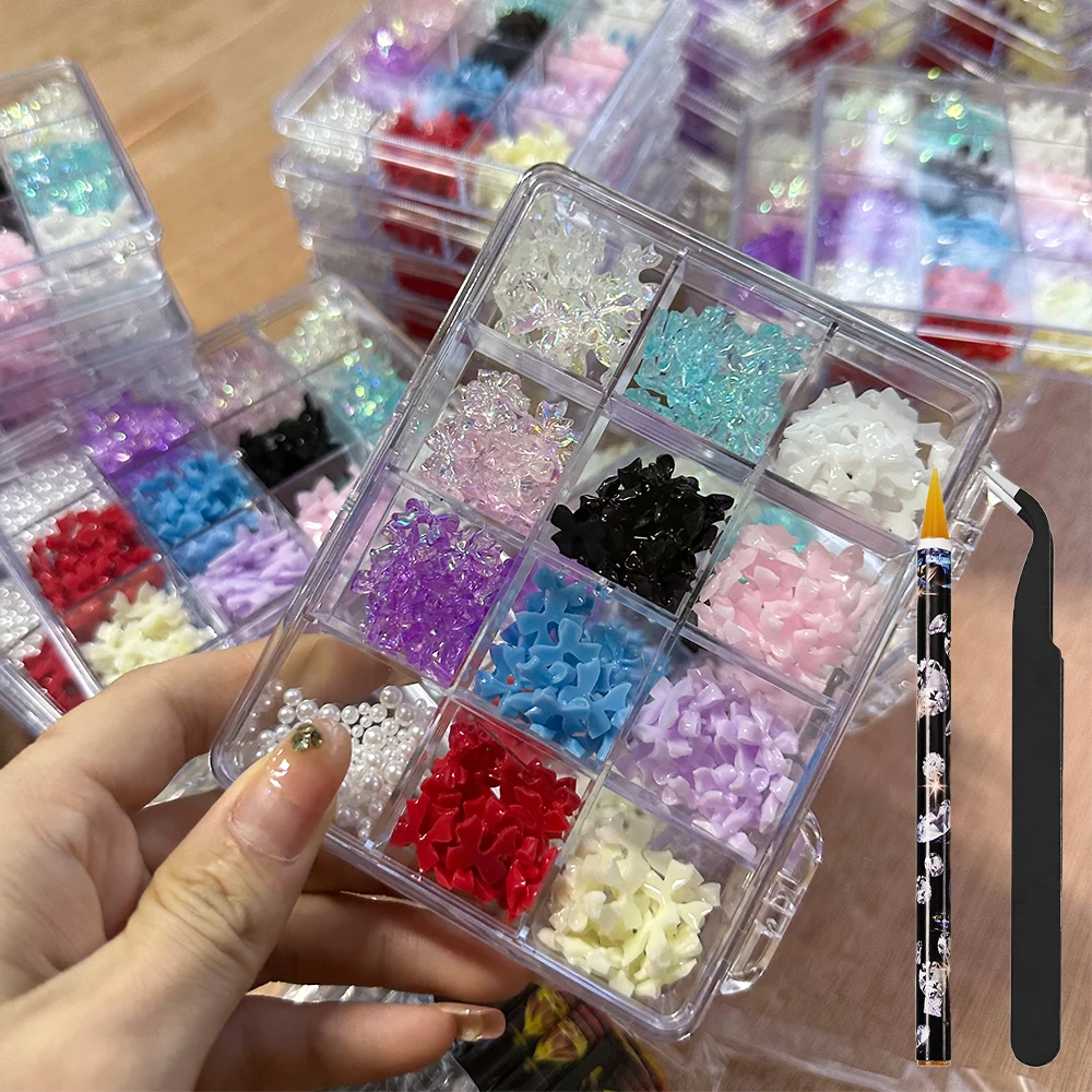 

12 Grids Kawaii Acrylic Bow Nail Charms Shiny Aurora Ribbon Bowknots Pearls Nail Art Decorations Manicure Tools with Pickup Tool