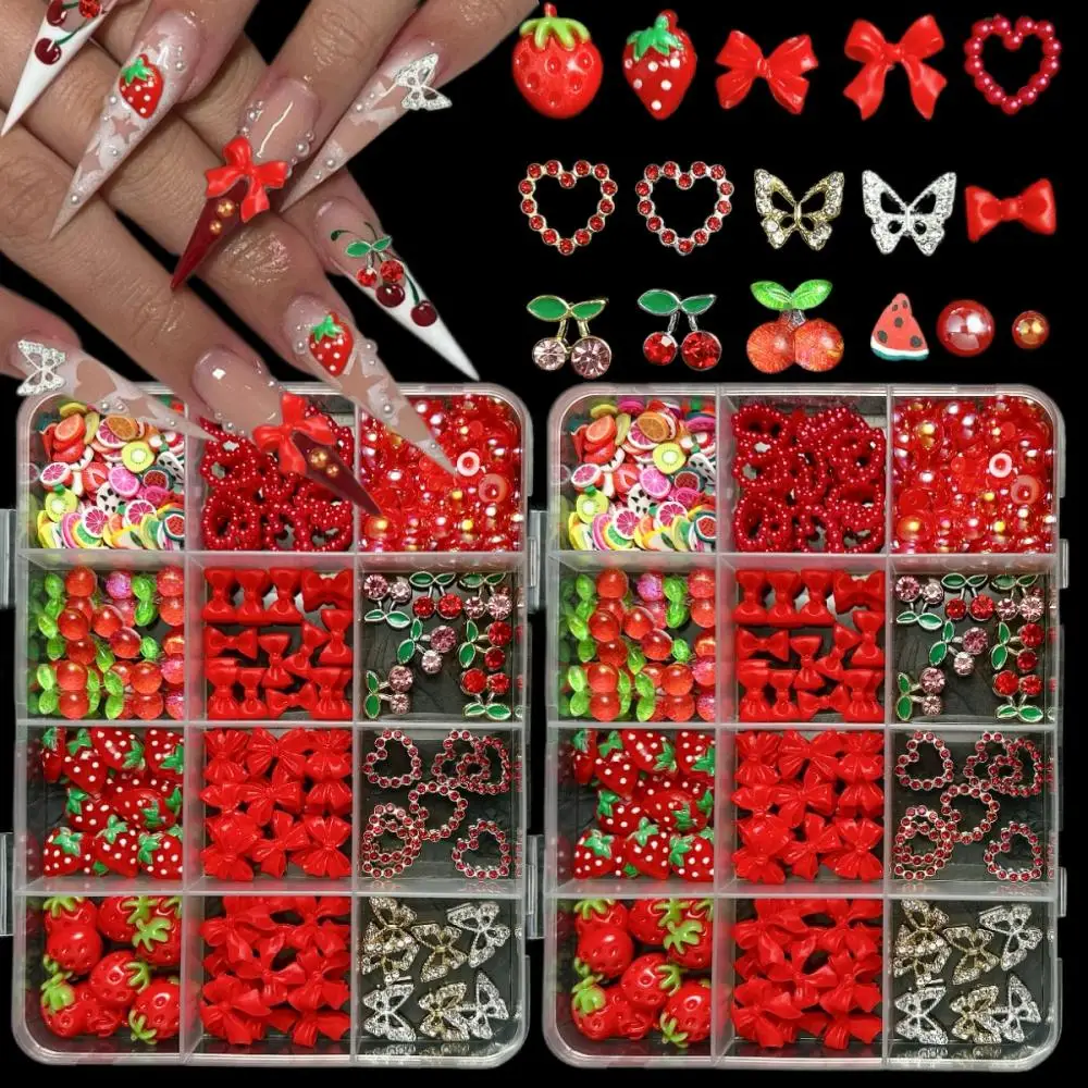 

1Box Creative Strawberry Cherry Resin Nail Art Decorations Minimalist Bow Alloy Butterfly Heart Red Series Nail Charms DIY