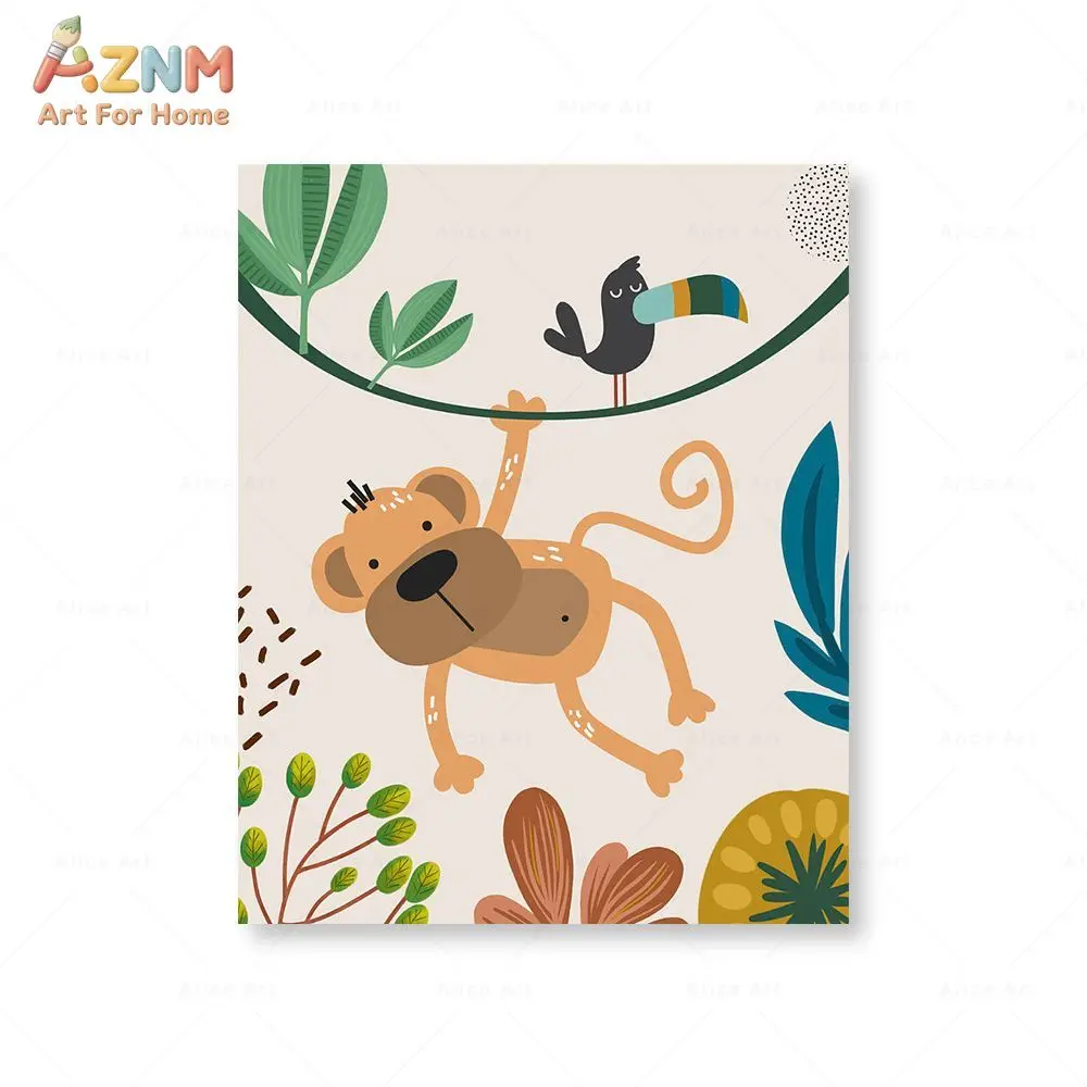 1pc Boho Monkey Lion Giraffe Bird Zebra Elephant Botanical Nursery Posters Wall Art Print Canvas Painting Kids Room Home Decor view 5