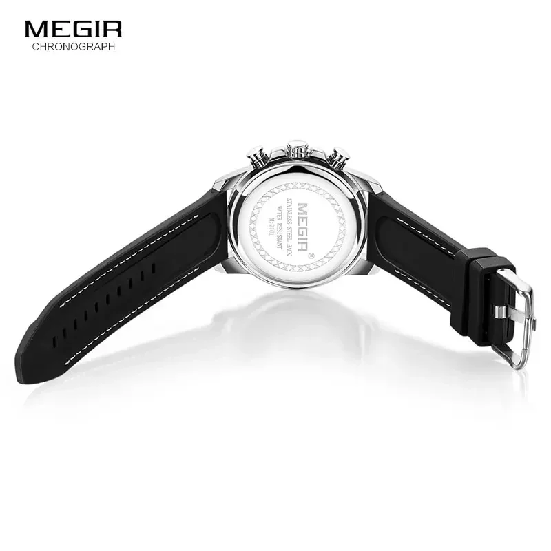 Megir exército esportes relógios de quartzo masculino cronógrafo pulseira silicone relógio de pulso luxo marca superior relogios mascuoino 2101 prata