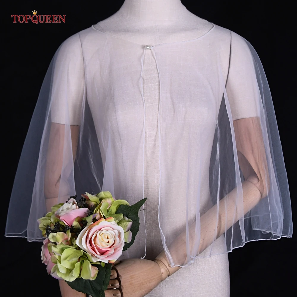 TOPQUEEN Simple Tulle Shawl Summer Transparent Dress Cardigan Bridal Cloak Wedding Blouse Sleeveless Blouse Vg89 customizable