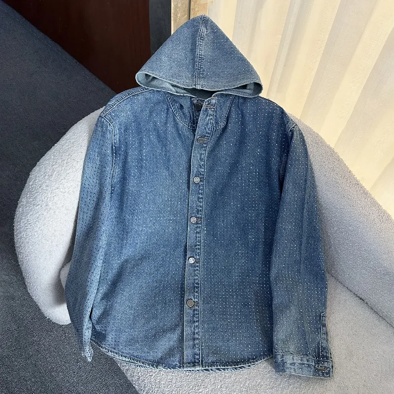 重工業風ラインストーン付きフード付き長袖デニムブラウスジャケットルーズファッション トップス 2025年秋新作ハイエンドシャツ