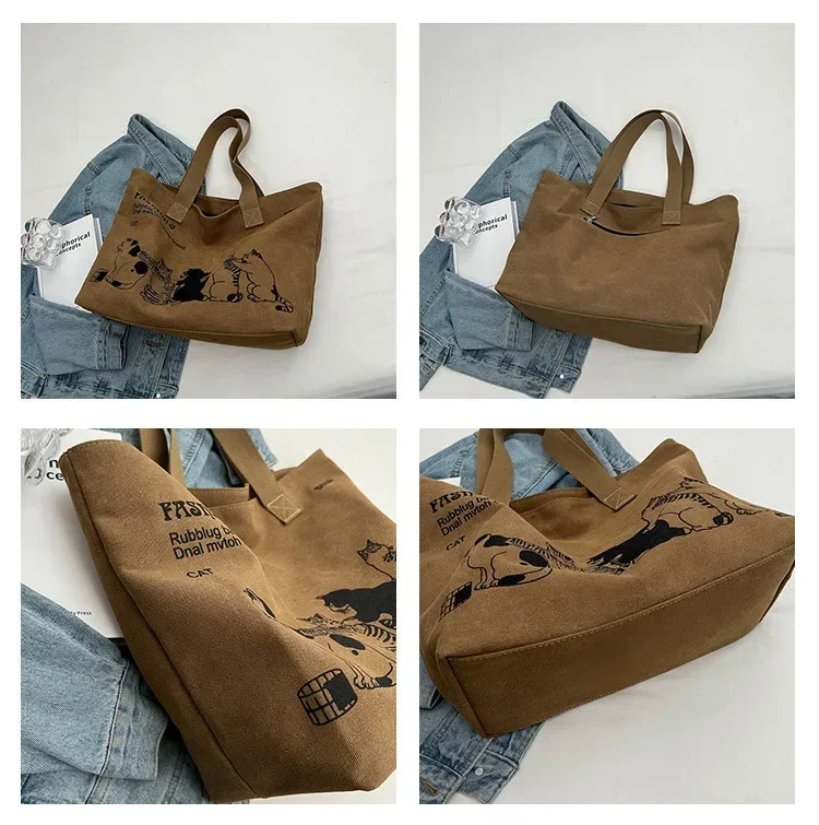 Geräumige Anime-Katzen-Canvas-Tragetasche für Damen mit Schriftzug-Druck, lässige Schultertasche für den Alltag, tragbare Handtasche für Mädchen – Detail 8