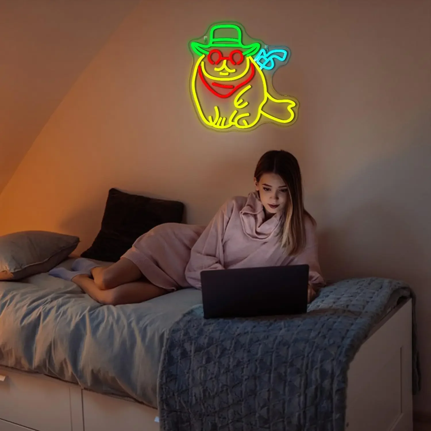 Cool Seal Neon Sign LED Wall Art USB Powered Animal Glow Lamp Hat Glasses Smoking Aesthetic Bedroom Living Room Beach Bar Decor