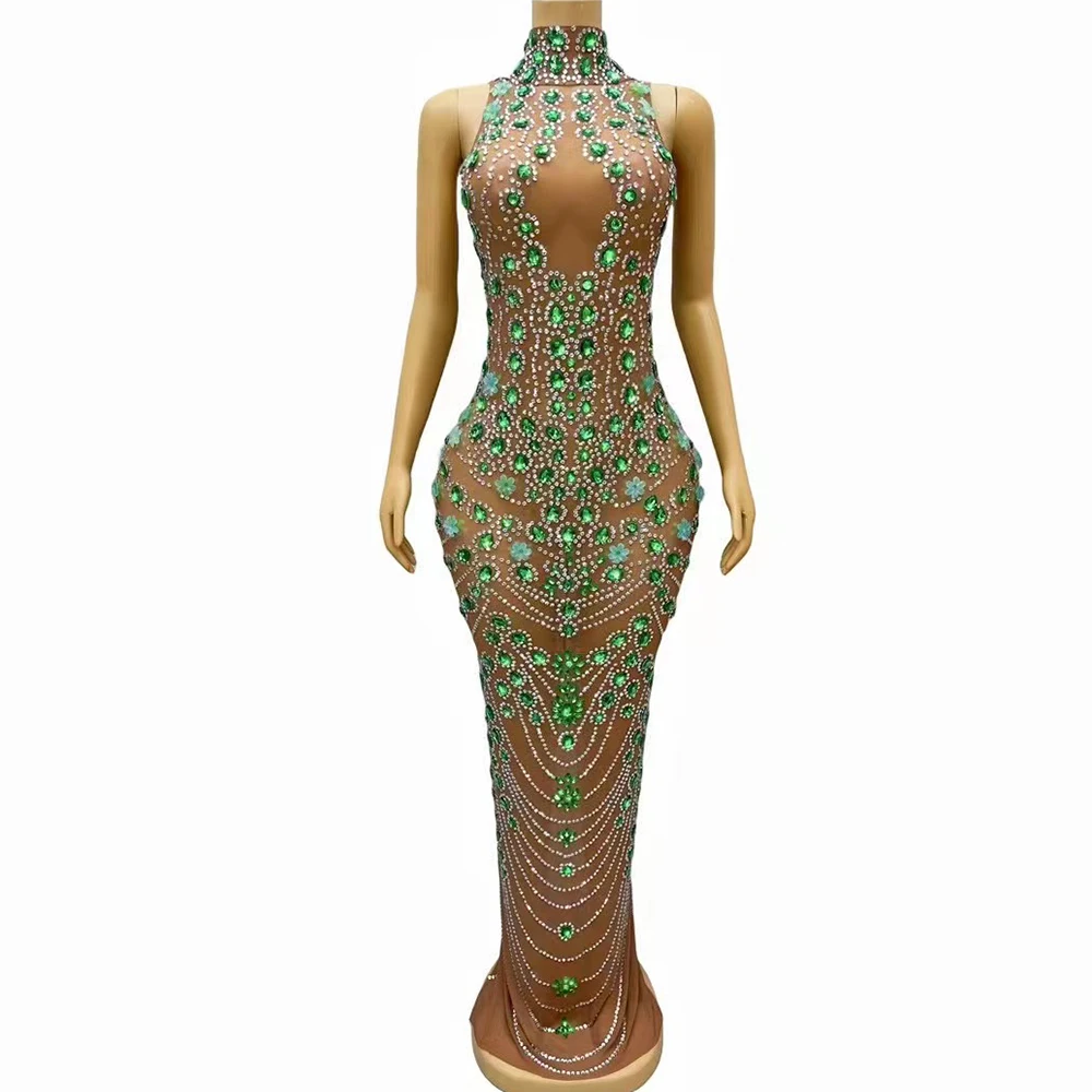 Sexy Stage Silver Green Rhinestones Flower Dress Birthday Celebrate Prom Gowns Backless Graduation Outfit Collection Costume