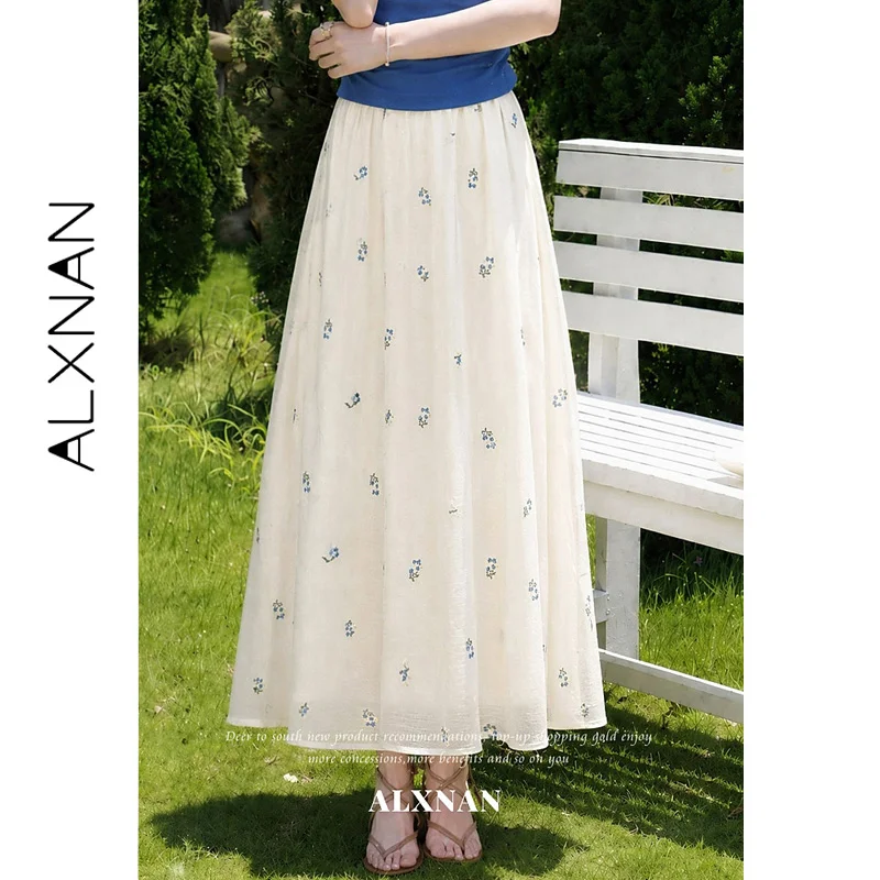 ALXNAN Blue Skirt Small Floral Embroidery Elastic Waist A-line Cut Skirts Elegant Holiday Beach Female Clothing DYL662913