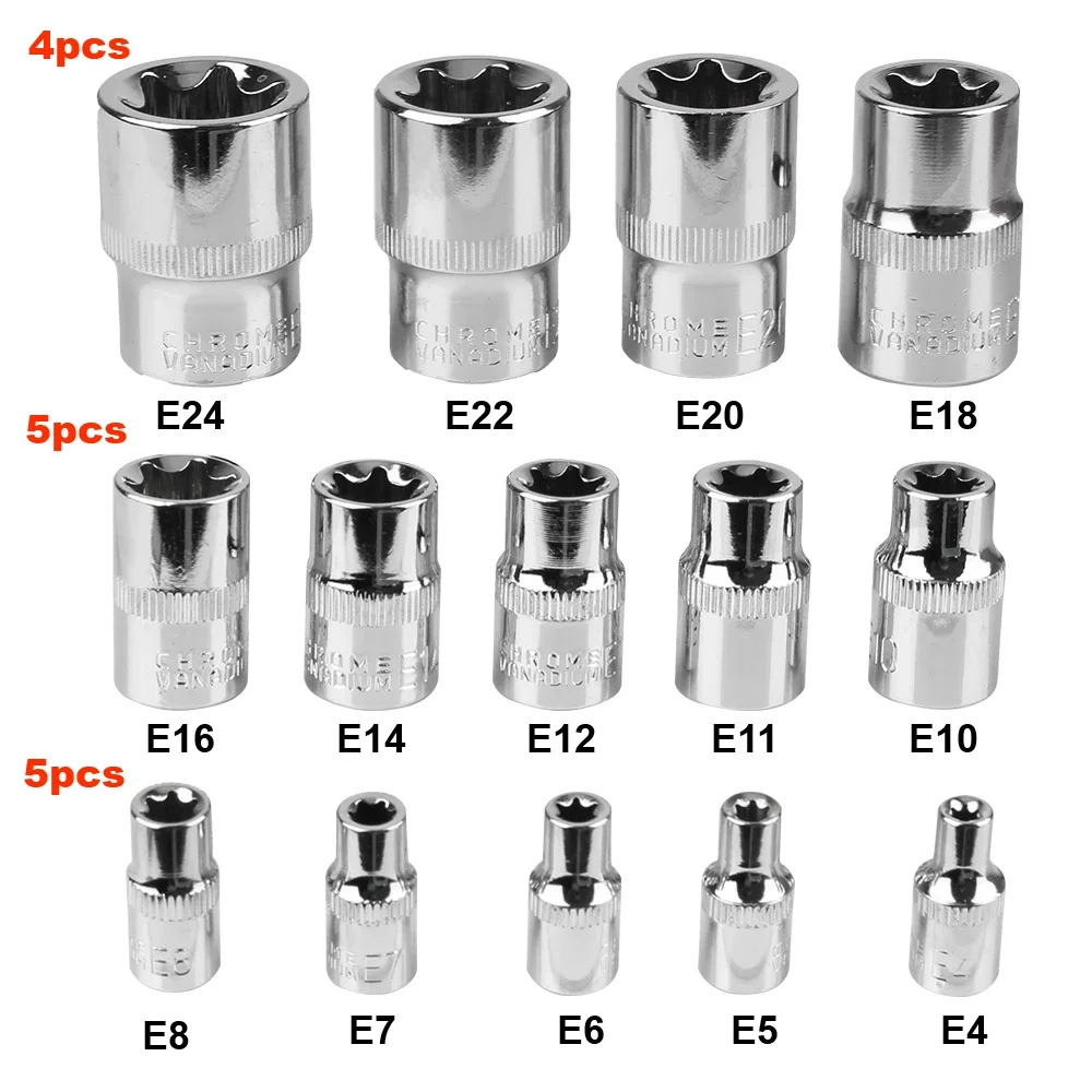 

With a Case E4-E24 Star Set 14-Pieces Auto Repair Tools Wrench Head External Torx Female E Torx Socket Set