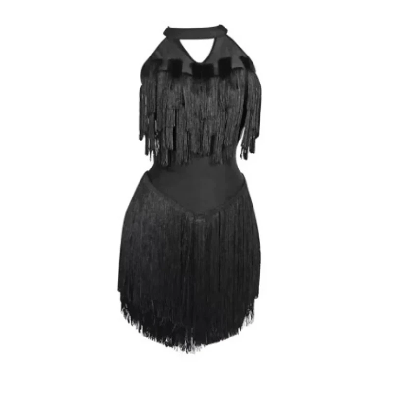 Vestido de baile latino para mujer, ropa de competición con borlas, negro, Sexy, Espalda descubierta, sin mangas, Rumba, Samba, Chacha, ropa de baile